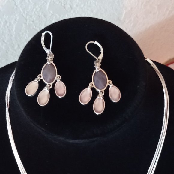 Napier Silver-Tone Egg Shaped Purple Landscape Collar Necklace and Earings - Picture 4 of 5